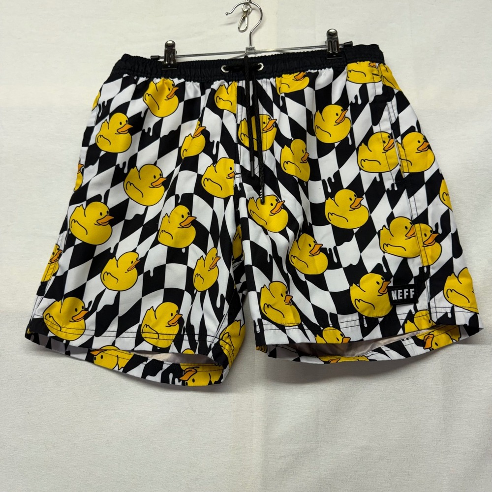 Neff Mens Rubber Ducky Checkered Swim Trunks Black White Yellow Medium
